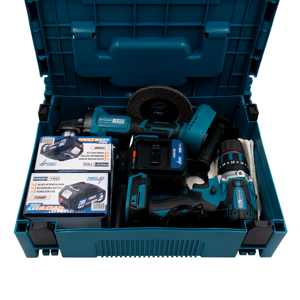Набір акумуляторний PROFI-TEC Combo Set 2/2 (PGA202/DHP485BL/2акум.20В 4Аг/зарядний/кейс) 007006 фото