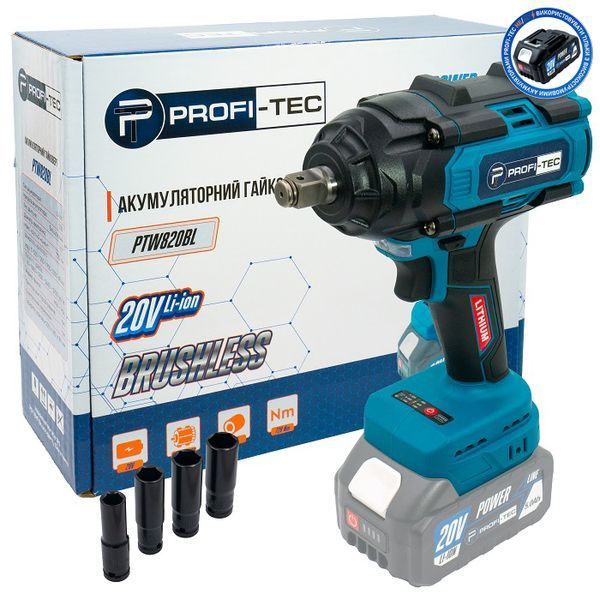 Гайковерт аккумуляторный PROFI-TEC PTW820BL (2акум.20В 4Ач/зарядный/кейс/720Нм) 006106 фото