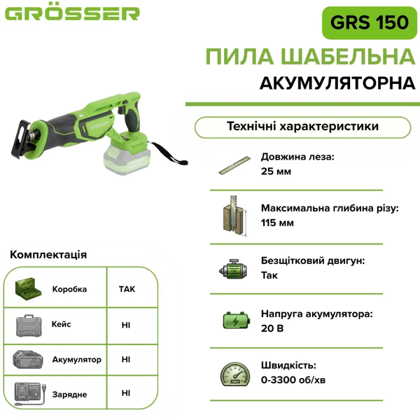 Пила шабельна акумуляторна GROSSER GRS 150 (20В/каркас) G0140 фото