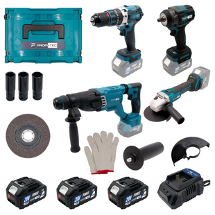 Набір акумуляторний PROFI-TEC Combo Set 4/5 (DHP485BL/PBH201/DGA20BL/PTW502/3акум.20В 4Аг/зарядний/к 007044 фото