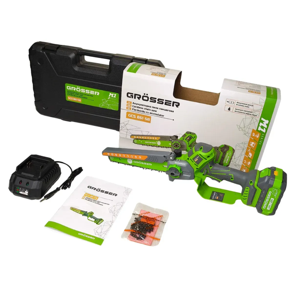 Пила ланцюгова акумуляторна GROSSER GCS 861SB (1акум.20В 3Аг/зарядний/кейс/2 ланцюги/20cм) G0248 фото