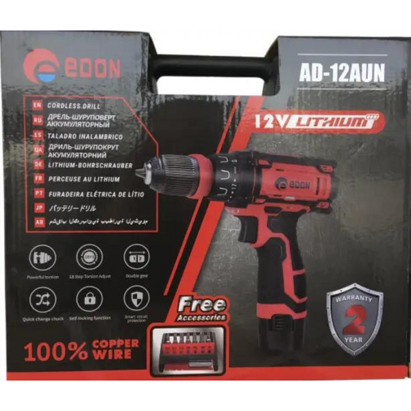 Шурупокрут акумуляторний EDON AD-12AUN (2акум.12В 2Аг/зарядка/насадки) з ємний патрон AD-12AUN фото
