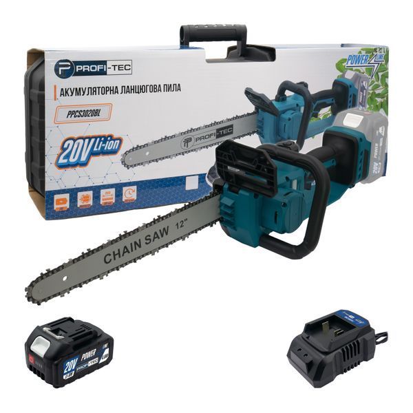 Пила ланцюгова акумуляторна PROFI-TEC PPCS3020BL 006298 (1акум.20В 4Аг/зарядний/кейс/30см/2 ланцюги/ W00014660 фото