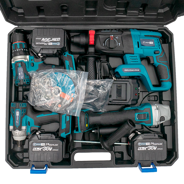 Набір акумуляторний PROFI-TEC (DHP485Bl+CBH36V+DGA36V+DTW281i/3акум.18В 9Аг/зарядка/кейс) Combo set4 фото