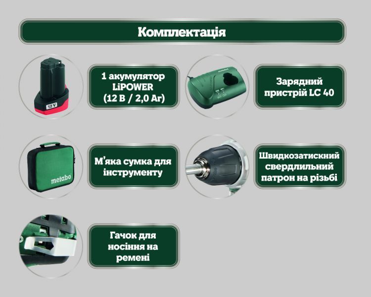 Шурупокрут METABO PowerMaxx BS 600079500 (1акум.12В 2Аг/зарядний LC 40/сумка) 600079500 фото