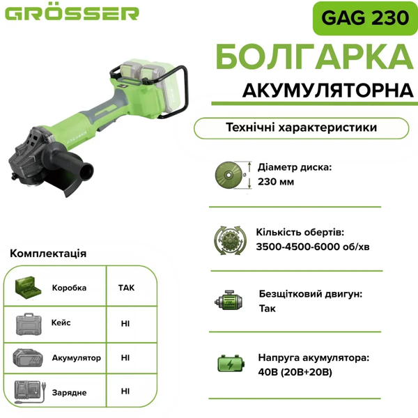 Шліфмашина кутова акумуляторна GROSSER GAG 230 (20В+20В/каркас/230мм) G0378 фото