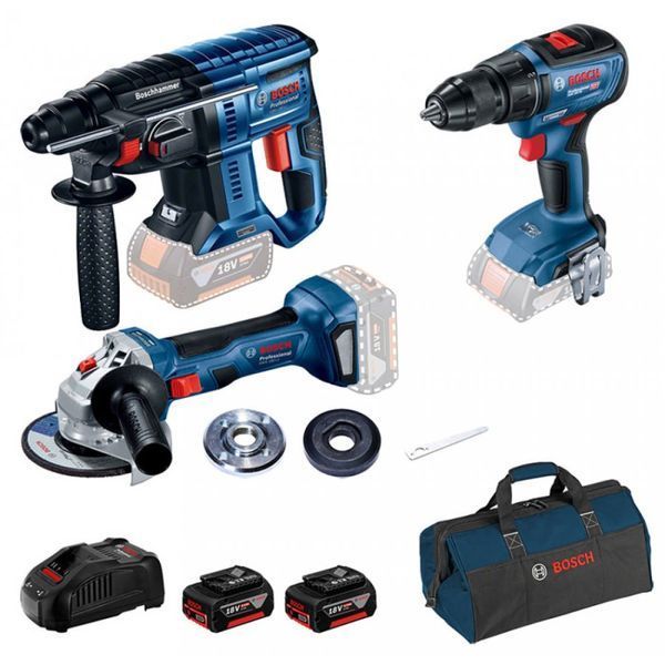 Набір акумуляторний BOSCH 0615990M32 (GBH180/GWS180/GSR18V-50/2акум.12В 4Аг/зарядний/сумка) 0615990M32 фото